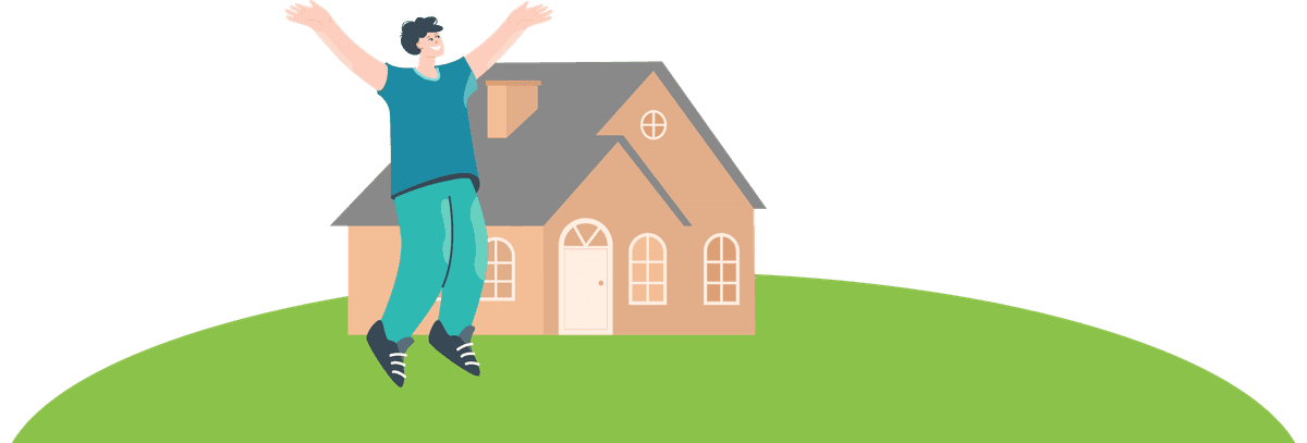 Illustration contact - personne avec maison sur colline verte